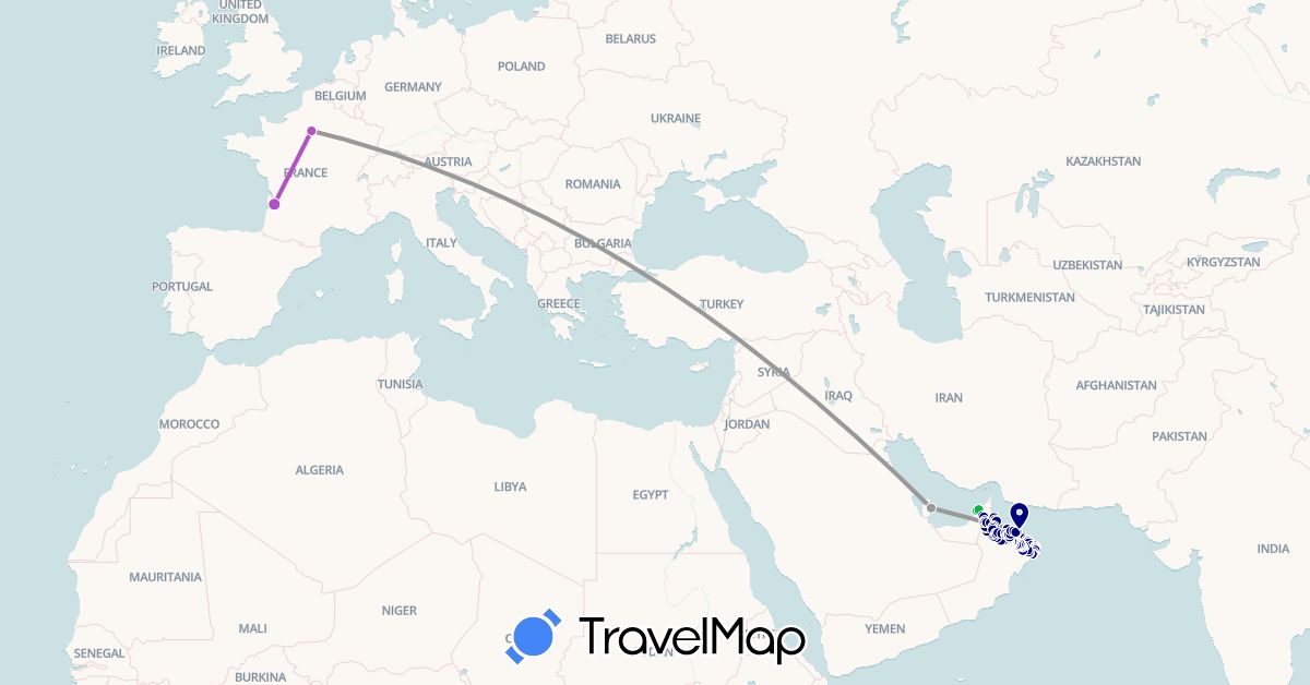 TravelMap itinerary: driving, bus, plane, train in United Arab Emirates, France, Oman, Qatar (Asia, Europe)